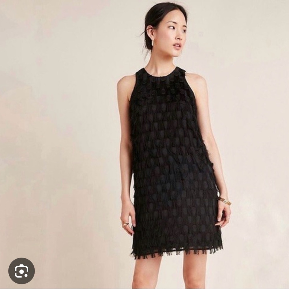 Anthropologie Roxie Black Fringe Dot Shift Dress